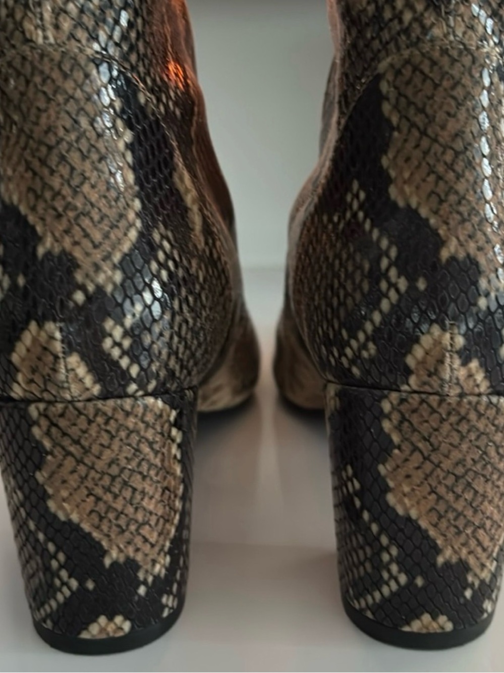 Stuart Weitzman Tan and Black Leather Snake-Print Block Heel Ankle Boots - Picture 5 of 8